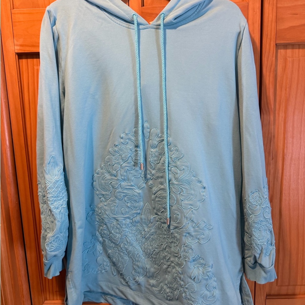 Light Blue Embroidered Hoodie Sweatshirt